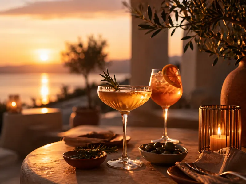 Dos copas de coctel al atardecer con el sol cayendo sobre el mar en Tardeo by Origen